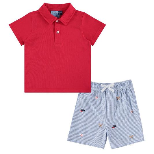 Red Shirt and Baseball Embroidered Seersucker Shorts