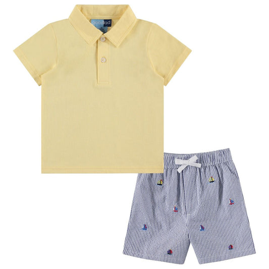 Yellow Polo Shirt and Sailboat Embroidered Seersucker Shorts