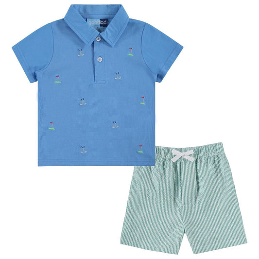 Blue Polo Shirt and Golf Embroidered Seersucker Shorts