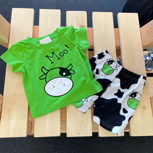 Moo! Cow Face Green and Cow Print Short