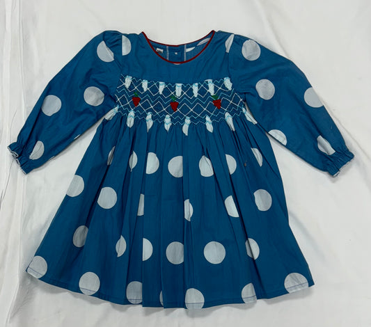 Heart and Blue Polka Dot Precious Blue Long Sleeve Smocked Dress