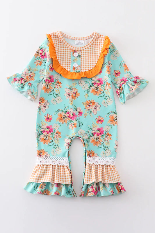 Green and Orange Ruffled Floral Romper