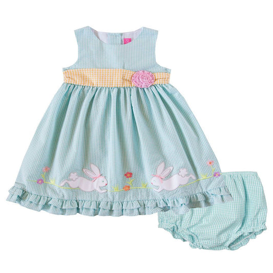 Bunny Applique Turquoise Seersucker Dress with Bloomers