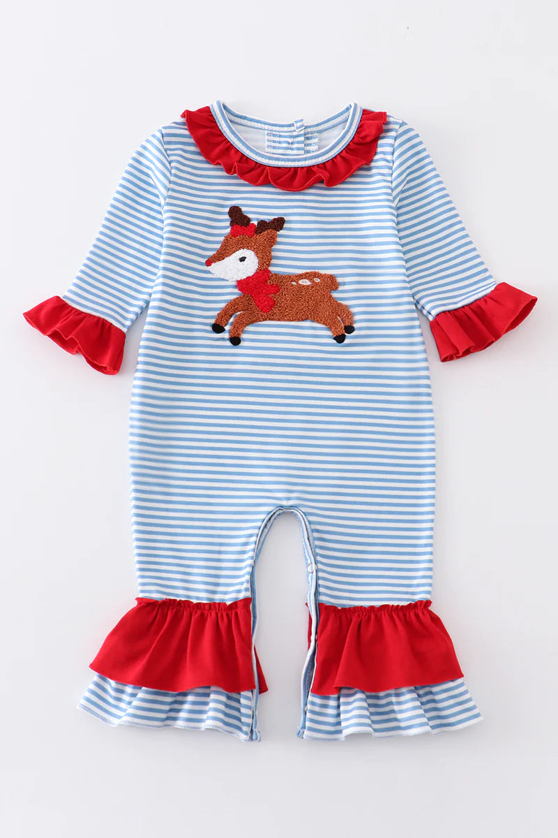 Striped Reindeer Ruffled Romper