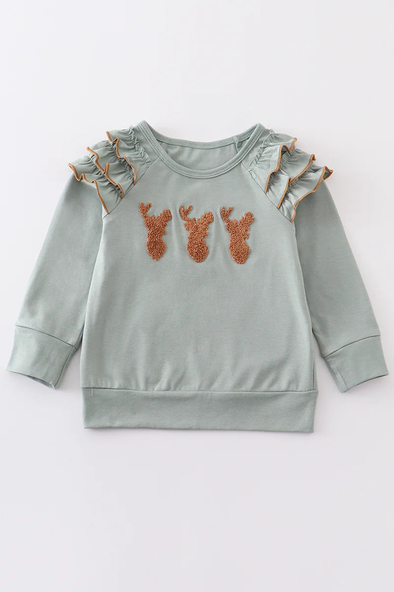 Sage French Knot Deer Long Sleeve Shirt