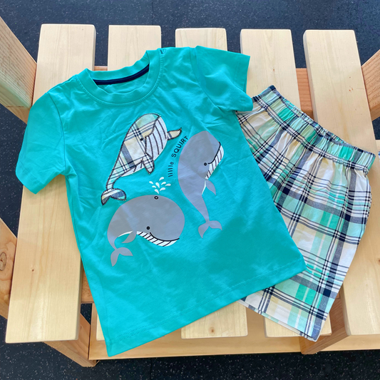 Whale Shirt and Green Plaid Short Set