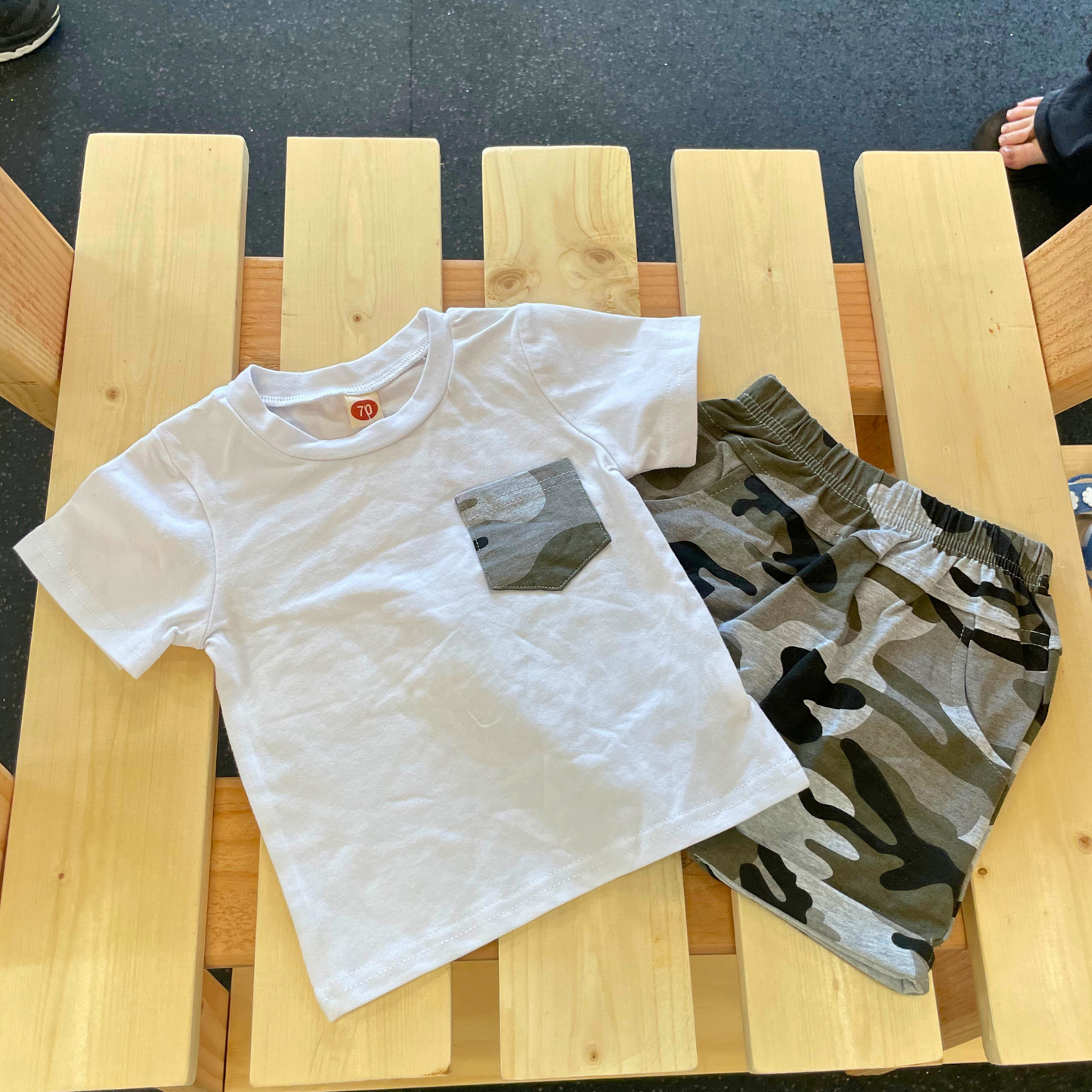 White Camo TShirt and Camo Shorts