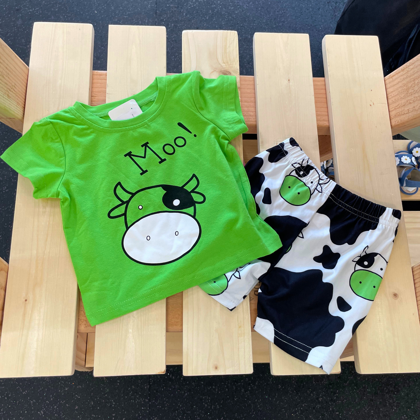 Moo! Cow Face Green and Cow Print Short