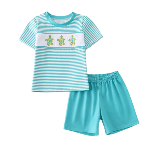 Turtle Stripe Print Embroidered Boy Set