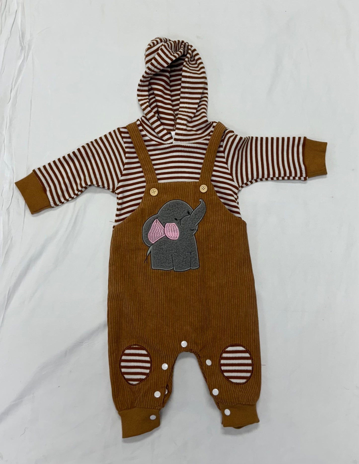 Elephant Appliqued Long Sleeve Corduroy Overall Outfit