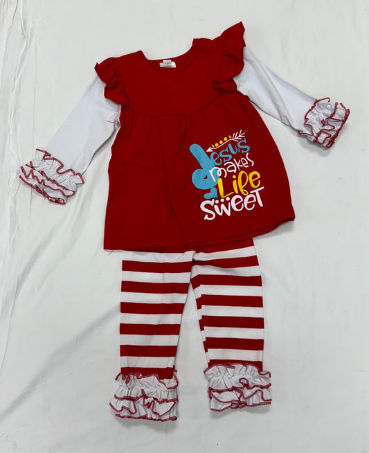 Jesus Makes Life Sweet Ruffled Top and Red and White Striped Leggings