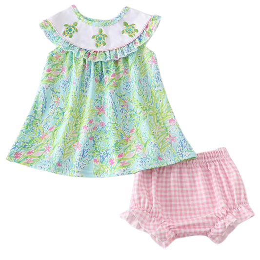 Turtle Embroidered Lily Print Bloomer Set