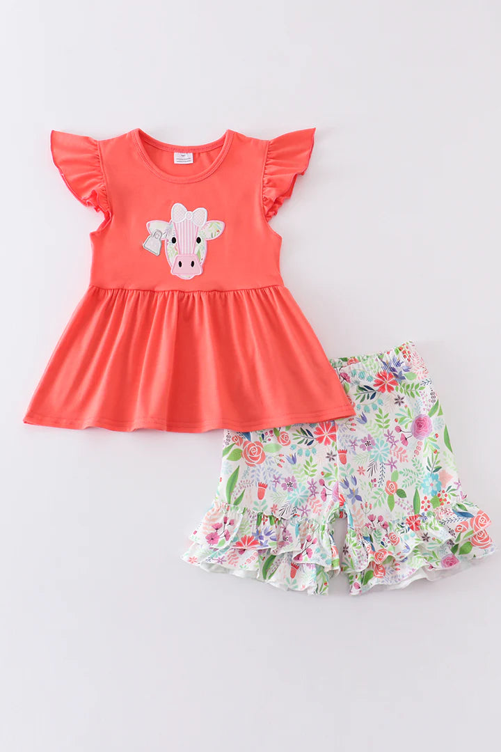 Pink Floral Cow Print Set